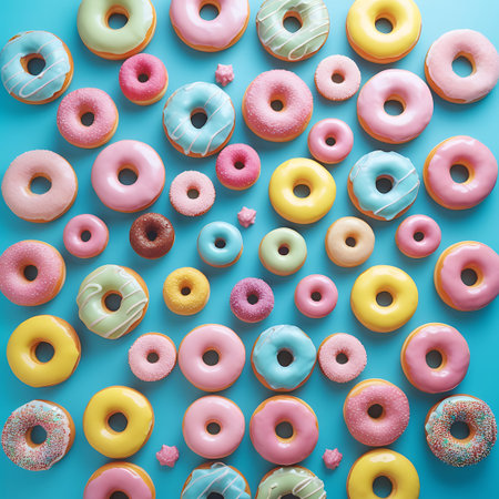 An abundant and diverse collection of frosted donuts is scattered across a bright, solid blue background. The donuts display a wide range of pastel colors, including pink, blue, yellow, and cream, with various frosting styles and some decorated with sprinkles. The image is a top-down flat lay, emphasizing the sheer quantity and variety of these sweet, circular pastries, creating a playful and visually stimulating composition.の素材