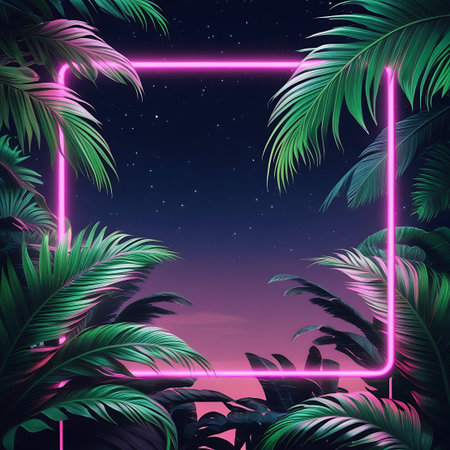 A vibrant neon pink square frame is set against a dark, starry night sky with a subtle purple and pink gradient near the horizon. Lush, green tropical palm leaves and other foliage frame the scene from the top, bottom, and sides, creating a sense of depth and an exotic atmosphere. The neon light casts a soft glow on the surrounding leaves.の素材