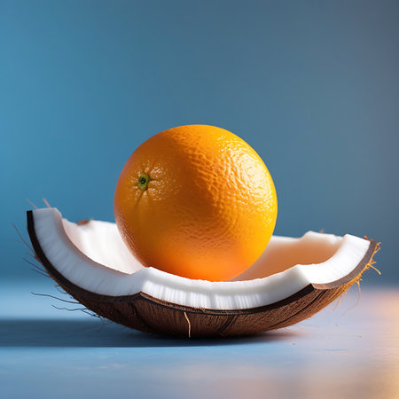 A single, round orange is placed inside a halved coconut shell. The coconut's rough brown husk and white flesh are clearly visible, forming a natural bowl. The scene is set against a blue surface and a soft blue background, with subtle shadows indicating studio lighting.の素材