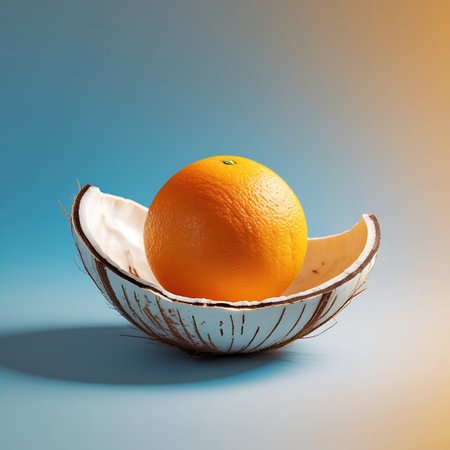 A bright orange sits prominently within a halved coconut shell. The coconut's textured brown exterior and white interior are detailed. The background is a smooth gradient transitioning from blue to a warm, light orange hue. Soft shadows are cast on the surface below.の素材