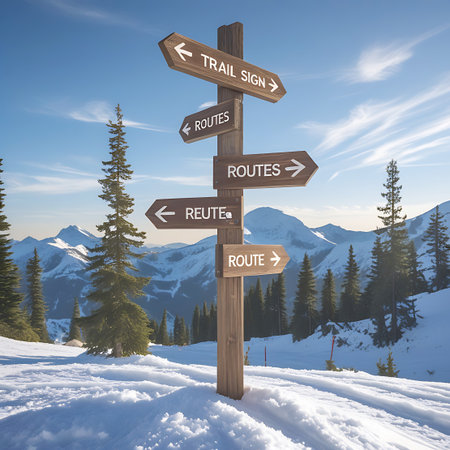 A weathered wooden signpost with multiple directional arrows stands firmly in a snowy mountain environment. The signs display "TRAIL SIGN", "ROUTES", and "ROUTE". Snow-covered slopes, pine trees, and distant, majestic mountains form the backdrop under a bright blue sky. The sun's rays illuminate the winter landscape, creating a sense of adventure and exploration.の素材