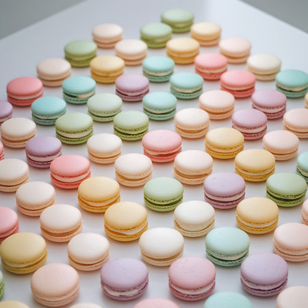An abundant display of pastel-colored macarons is arranged in a circular pattern on a light-colored surface. The macarons, in shades of pink, yellow, green, blue, and cream, are meticulously placed, highlighting their smooth texture and delicate appearance. Each macaron features two crisp meringue shells filled with a creamy center, creating a visually pleasing and tempting arrangement of this popular French confection.の素材