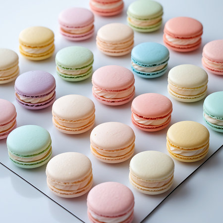 A close-up overhead view showcases a delightful assortment of pastel-colored macarons. The delicate meringue cookies are filled with cream and arranged in a visually appealing pattern on a white surface. The macarons display a variety of soft hues including pink, yellow, green, blue, and cream, creating a charming and inviting presentation of this popular French dessert.の素材