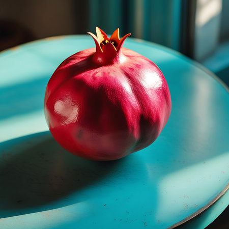 This close-up image focuses on a single, bright red pomegranate resting on a round, teal-colored surface. The surface appears textured and slightly weathered. Strong sunlight illuminates the fruit, creating bright highlights and casting distinct shadows. The pomegranate is depicted in its entirety, showcasing its characteristic shape and the crown at its top. The background is softly blurred, emphasizing the subject.の素材
