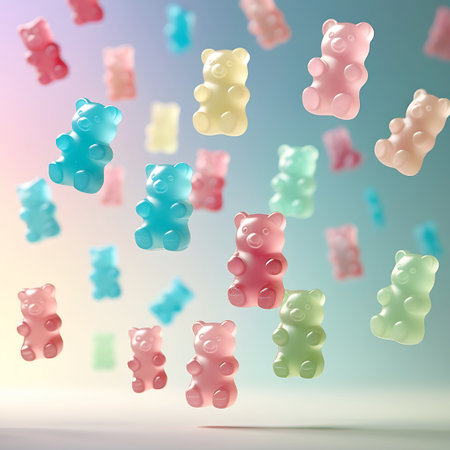 Numerous translucent gummy bears in a spectrum of colors including pink, green, blue, yellow, and orange are depicted floating and falling against a soft, gradient background. The lighting is gentle, creating a dreamy atmosphere with some bears in sharp focus and others softly blurred, hinting at movement and a sense of abundance.の素材