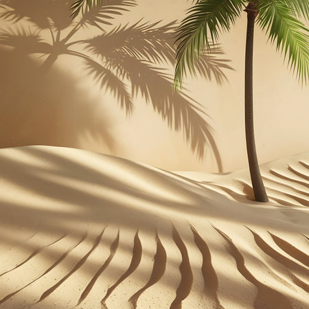 A serene desert scene showcasing a lone palm tree with green fronds. The sand dunes are sculpted with rippling patterns, and the warm sunlight casts elongated shadows from both the palm tree and the sand formations onto a smooth, sandy backdrop.の素材