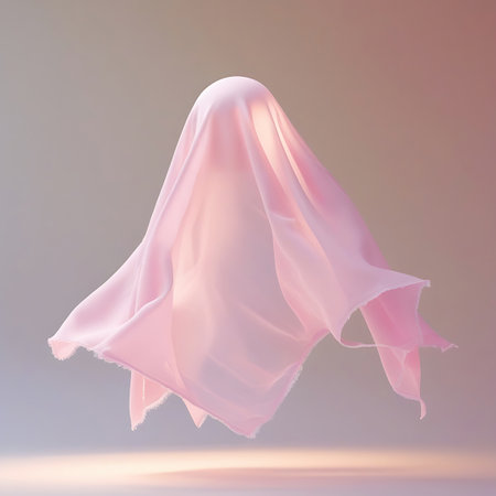 A translucent pink fabric is artfully draped to create a flowing, ghost-like form that seems to hover in space. The background is a smooth gradient of soft, muted colors. The lighting creates a delicate play of light and shadow, emphasizing the fabric's texture and ethereal quality.の素材