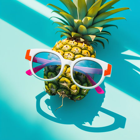 A close-up view of a pineapple with its green top and textured yellow skin, tilted slightly. It wears white-rimmed sunglasses with bright pink temples and lenses. The background is a bright turquoise with soft, diffused light creating subtle shadows.の素材