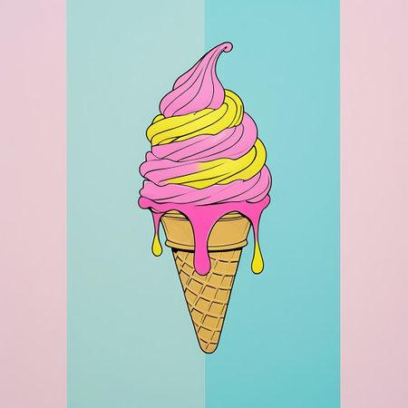 A graphic illustration of a pink and yellow swirled soft serve ice cream cone. Yellow drips are melting from the cone. The waffle cone has a distinct texture. The background is split vertically with pastel pink on the left and pastel blue on the right, with a subtle shadow.の素材