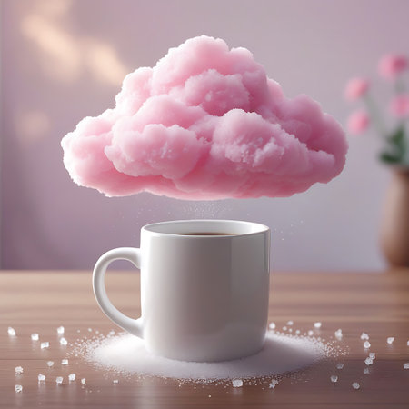 A surreal composition with a vibrant pink cloud, akin to cotton candy, hovering over a white coffee mug. The cloud is depicted as raining fine sugar crystals, with some also sprinkled on the dark wooden table around the mug. The background is softly out of focus, with hints of pink and floral elements, enhancing the dreamlike and sweet aesthetic.の素材