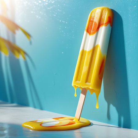 A vibrant orange and white swirled popsicle is melting and dripping onto a blue surface. The frozen treat is leaning against the surface, with a wooden stick protruding from its base. Melted liquid forms a puddle on the ground, and blurred palm leaves are visible in the background, suggesting a tropical setting.の素材