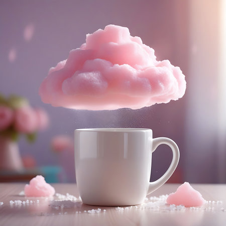 A delightful and surreal image showcasing a pink, cotton candy-like cloud suspended above a white coffee mug. The cloud appears to be raining fine sugar crystals, which are also sprinkled on the wooden table around the mug. The background is softly out of focus, with hints of pink flowers in a vase and subtle light, creating a dreamy and sweet atmosphere.の素材