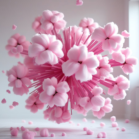An abstract sculpture resembling a blooming flower or a burst of cotton petals. The central structure is pink and spiky, with soft, fluffy pink elements radiating outwards like petals. Small, detached pink cotton pieces are scattered on the floor and floating in the air, adding to the ethereal and delicate appearance. The setting is a bright, minimalist interior with a soft light source.の素材