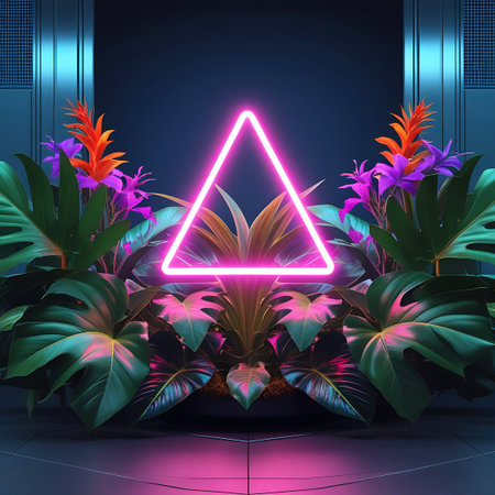 A vibrant pink neon triangle is the focal point, surrounded by a dense arrangement of lush tropical plants. Large green leaves and clusters of purple and orange exotic flowers create a symmetrical display. The background features a dark, futuristic interior with subtle blue lighting, highlighting the glowing geometric shape and the botanical elements.の素材