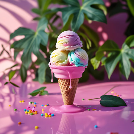 A pink ice cream cone holds three scoops of ice cream in pastel yellow, blue, and pink with streaks of other colors. The ice cream is melting, with visible drips forming a glossy pink puddle at the base of the cone. Colorful sprinkles are scattered around the cone on a reflective pink surface, with blurred green foliage in the background.の素材