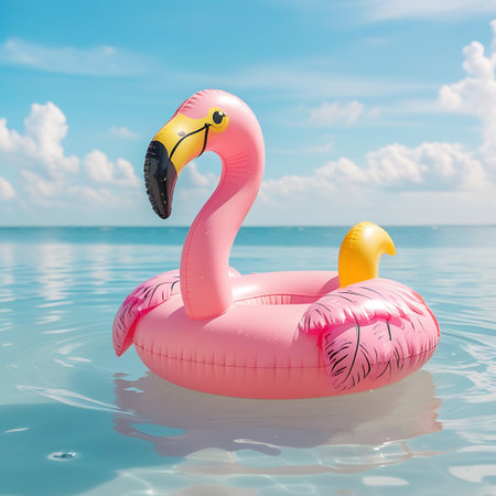 A bright pink inflatable flamingo pool float bobs gently on the surface of clear, turquoise water. The float has a yellow beak and detailed pink feather accents. In the background, a bright blue sky with fluffy white clouds stretches over the horizon of the ocean.の素材