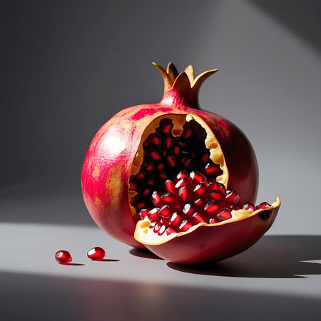 A pomegranate is shown cut open, with a detached slice showcasing its vibrant red arils. Two individual arils lie scattered in front of the fruit. The lighting emphasizes the glossy texture of the seeds and the rich color of the fruit, with soft shadows falling on the surface against a dark background.の素材