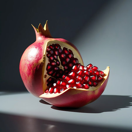 A close-up view of a pomegranate that has been cut open, revealing a dense cluster of bright red arils. The fruit's skin is a deep red with subtle yellow undertones. The lighting is dramatic, casting shadows and highlighting the glistening texture of the seeds against a dark, neutral background.の素材