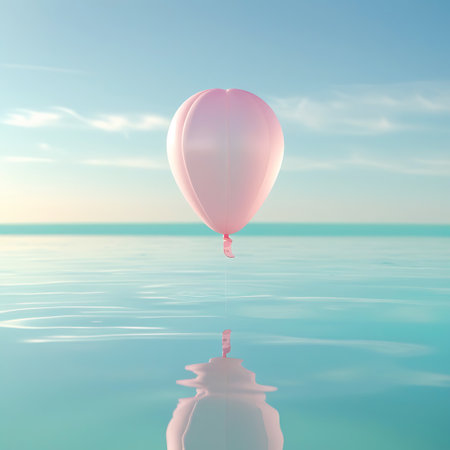 A single, pale pink hot air balloon floats serenely in a clear blue sky with wispy white clouds. Below, calm, turquoise water stretches to the horizon, perfectly reflecting the balloon and the sky. The scene is bathed in soft, natural light, creating a peaceful and dreamlike atmosphere.の素材