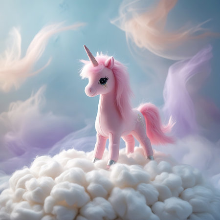 A sweet pink unicorn plush toy is centered on a fluffy white cloud formation. The unicorn features a pointed pink horn, a long, flowing pink mane and tail, and subtle glitter details. The background is a soft blue sky with wispy, flowing pastel ribbons in shades of pink and purple, creating a sense of movement and enchantment. The lighting is soft, emphasizing the toy's plush texture and the dreamy atmosphere.の素材