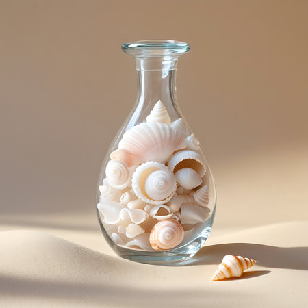 A clear glass vase, with a bulbous body and a narrow opening, is filled with a vibrant assortment of seashells. The shells are primarily white and cream, with some exhibiting subtle pink and orange stripes. They showcase a range of forms, including fan-shaped, spiral, and bivalve types. The vase is positioned on a sandy surface with gentle dunes, and a single striped shell lies outside the vase to the right. The background is a soft beige, with a subtle shadow cast by the vase.の素材