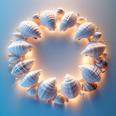 A circular frame is meticulously constructed from an assortment of white seashells. The shells, varying in shape and size, are arranged to form a complete circle. A soft, warm orange light glows from behind the frame, accentuating the intricate details and textures of each shell. The background transitions from a pale blue at the top to a lighter hue at the bottom.の素材