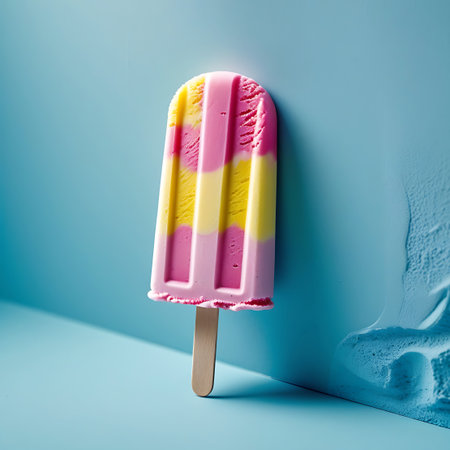 A classic rectangular ice cream popsicle, featuring distinct horizontal stripes of pink, yellow, and white, is presented on a wooden stick. The frozen dessert is positioned against a bright blue background with subtle textured elements. The image is a studio shot, focusing on the clean lines and vibrant, layered colors of the popsicle, evoking a sense of cool refreshment and summer enjoyment.の素材