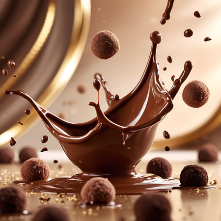 A dynamic splash of rich, dark chocolate liquid erupts from a small bowl, creating elegant swirls and droplets. Several round chocolate truffles are scattered around the base, some coated in cocoa powder, while others appear to be whole. The background features soft, blurred golden hues and curved shapes, adding a touch of luxury and sophistication to this decadent dessert scene.の素材