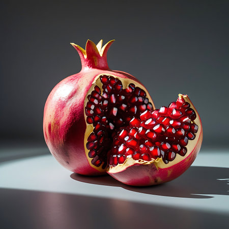 A whole, ripe pomegranate is positioned next to a segment that has been cut open, revealing its abundant, jewel-like red arils. The fruit's skin displays a gradient of red and yellow hues. Dramatic studio lighting casts shadows, highlighting the glossy texture of the arils and the smooth surface of the fruit against a dark, subtly textured background.の素材