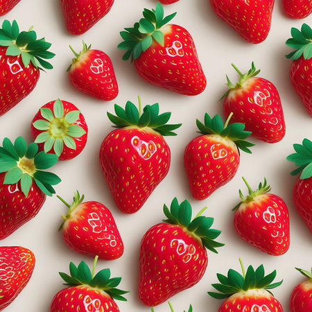 A collection of fresh red strawberries with green leaves are scattered across a light-colored background. The fruits are shown in various sizes and orientations, with visible seeds and a natural sheen. This arrangement provides a dynamic and appealing visual for themes of fresh produce and healthy eating.の素材