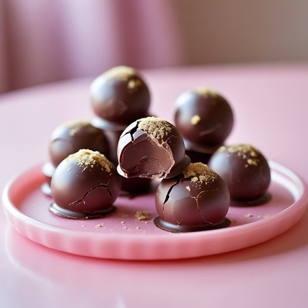 A collection of chocolate truffles are artfully arranged on a pink plate. Some truffles are stacked on top of each other, creating a small pile. The truffles have a smooth dark chocolate exterior, and several are cracked, revealing a rich interior. A light crumble topping, possibly nuts or biscuit crumbs, is sprinkled on top of some of the truffles. The shallow depth of field blurs the background, highlighting the chocolates.の素材