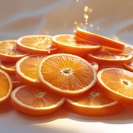 A generous pile of freshly sliced oranges is presented, with some slices stacked neatly. Tiny droplets appear to be falling, suggesting a sense of juiciness and freshness. The bright orange hue of the fruit contrasts with the soft, blurred background, creating a visually appealing still life. The lighting emphasizes the texture of the rind and the glistening pulp within each slice.の素材