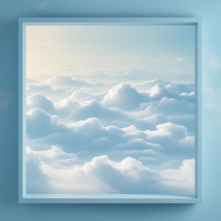 A soft blue frame encloses a breathtaking view of a vast sky filled with numerous fluffy white cumulus clouds. The light is bright and diffused, suggesting daylight filtering through the atmosphere. The scene evokes a sense of peace and serenity, with the clouds stretching out towards a distant horizon.の素材