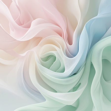 This image features a close-up view of flowing, sheer fabric in soft pastel colors including pink, blue, green, and white. The fabric is arranged in gentle swirls and waves, creating an abstract and ethereal pattern. The lighting is soft and diffused, highlighting the delicate texture and translucent quality of the material. The overall impression is one of softness, elegance, and dreaminess.の素材