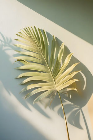A single, pale green palm leaf with yellow undertones is positioned diagonally against a wall that transitions from light blue to beige. The leaf casts a distinct, intricate shadow on the wall, creating a beautiful play of light and shadow. The lighting is bright and directional, suggesting natural sunlight. The composition is minimalist and serene, with ample negative space.の素材