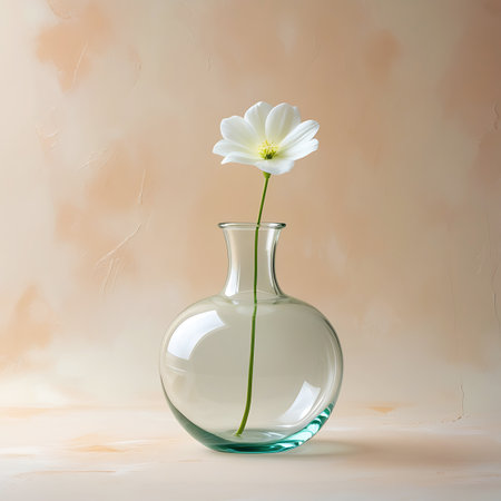 A delicate white flower with a yellow center stands tall on a slender green stem within a clear, round glass vase. The vase has a subtle teal tint at its base and is placed on a light-colored surface against a soft, peachy, textured background. The lighting is gentle, highlighting the transparency of the vase and the fragility of the bloom.の素材