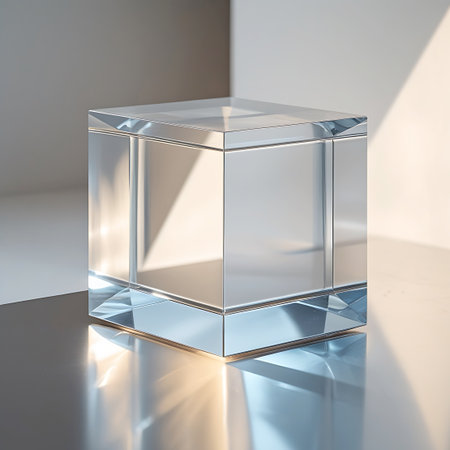 A clear crystal cube is positioned on a reflective surface, bathed in warm, soft light. The light creates a gentle glow and highlights the cube's sharp edges and transparent facets, casting subtle reflections and refractions. The overall aesthetic is clean, minimalist, and emphasizes the purity and form of the object.の素材