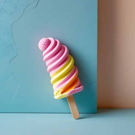 A single, uniquely shaped ice cream popsicle stands upright, featuring a vibrant swirl of pink, yellow, and orange frosting. The frozen treat is mounted on a simple wooden stick and is presented against a backdrop of muted blue and beige textured surfaces. The composition highlights the creamy texture and bright, summery colors of the popsicle, creating an artistic and appealing studio shot.の素材