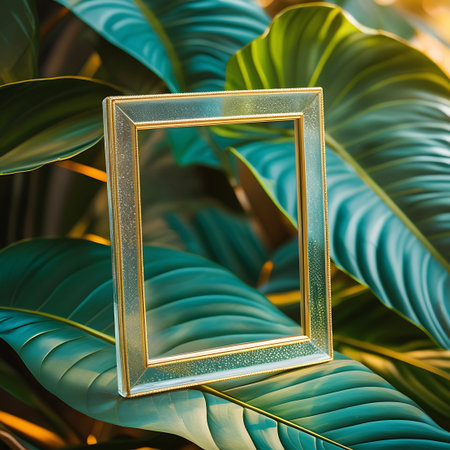 A transparent, ornate golden frame is placed on a surface of deep green tropical leaves. The leaves are large and textured, with prominent veins and a rich color. The frame is empty, creating a visual opening into the natural backdrop. Soft, warm light illuminates the scene, casting gentle shadows and highlighting the textures of both the frame and the foliage.の素材