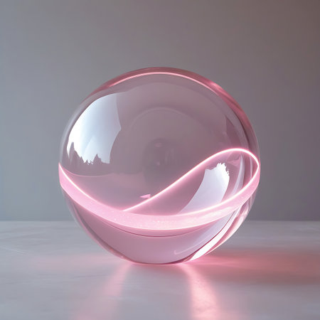 A transparent pink sphere rests on a white surface. Inside the sphere, a luminous pink light forms a swirling, curved pattern. The sphere's smooth, glass-like surface is highly reflective, capturing ambient light and the internal glow. The composition is minimalist and modern, with soft lighting creating subtle shadows.の素材