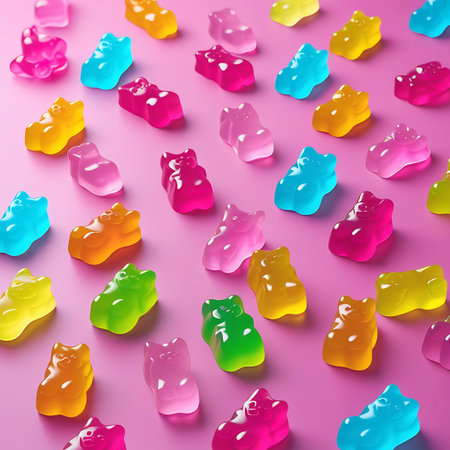 Numerous gummy bears in a spectrum of bright colors are spread out on a pink surface. The candies are depicted in various hues including red, orange, yellow, green, blue, and pink, with a translucent quality. They are positioned in a scattered arrangement, creating a visually appealing and playful composition.の素材