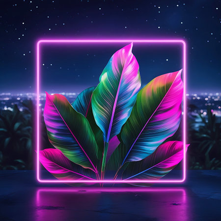 A vibrant tropical plant with broad leaves displaying a spectrum of colors including green, pink, and blue is centrally positioned within a glowing neon pink square frame. The backdrop is a dark night sky with subtle stars and a blurred cityscape in the distance, creating a surreal and futuristic atmosphere with strong artificial lighting.の素材
