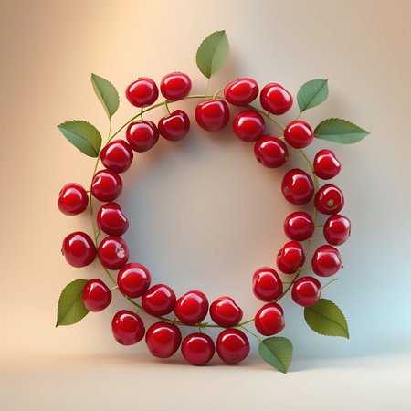 A circular composition features numerous ripe red cherries interspersed with fresh green leaves, forming a natural wreath. The cherries are glossy and have visible stems, some connected to small branches. The green leaves are detailed and add a contrasting color to the bright red fruit. The arrangement is set against a soft, neutral background with a subtle gradient, drawing attention to the texture and vibrant color of the cherries and leaves.の素材