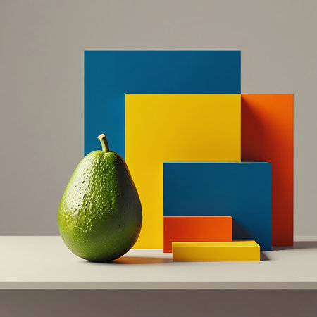 A single, textured green avocado stands prominently in the foreground. Behind it, a series of stacked geometric rectangles in blue, yellow, and orange create a layered, abstract background. The composition is clean and modern, set against a neutral grey backdrop, emphasizing the avocado and the bold colors of the blocks.の素材