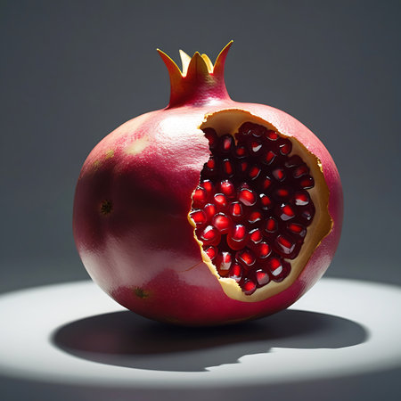 A single, whole pomegranate is presented with a section removed, exposing the glistening red arils within. The fruit's skin is a deep red with hints of yellow. The lighting creates a strong contrast, emphasizing the texture of the seeds and the smooth skin, set against a muted, shadowed background.の素材