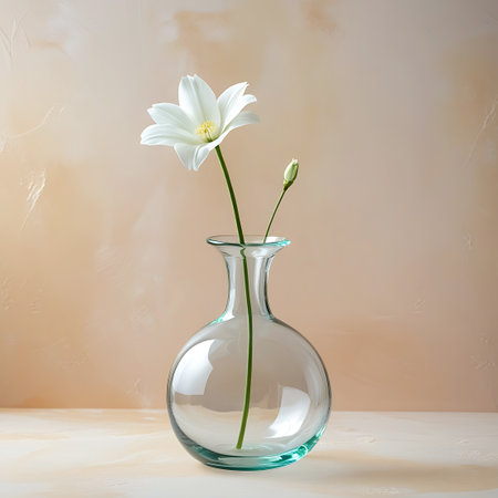 A single white flower with a yellow center and a small, unopened bud are presented in a clear, round glass vase. The vase, with a hint of teal at its base, sits on a light surface against a soft, textured peach-colored backdrop. Soft light illuminates the scene, emphasizing the transparency of the glass and the delicate forms of the flora.の素材
