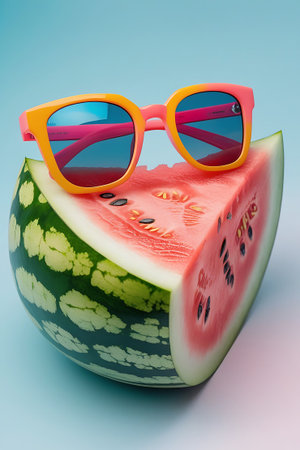 A wedge of ripe watermelon, showcasing its red, juicy interior and green rind, is adorned with a pair of colorful sunglasses. The sunglasses have orange frames and pink temples, with blue lenses. The composition is set against a soft blue background.の素材