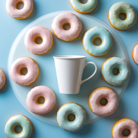 A white ceramic coffee mug sits on a translucent light blue circular tray. Surrounding the tray, and scattered on a blue background, are numerous pastel-frosted doughnuts in pink, light blue, and mint green, some with a light dusting of sugar. The composition is arranged from a top-down perspective, showcasing a delightful assortment of sweets and a beverage.の素材