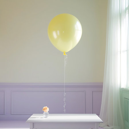 A single yellow balloon is the focal point, floating above a white table. A thin string connects the balloon to a small glass vase on the table, which holds a single light pink rose. The background features a pastel interior with a lavender lower wall section and a pale green upper section, both adorned with white paneling. Soft light emanates from the right side, likely from a window with sheer curtains, casting a gentle glow on the scene.の素材