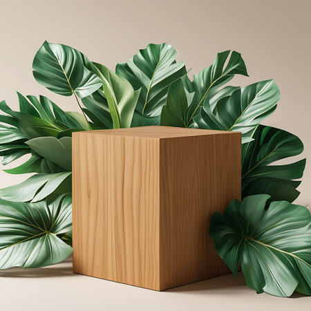 A light brown wooden cube is centrally positioned, acting as a display platform. It is enveloped by a generous arrangement of large, deep green tropical leaves, likely monstera. The leaves vary in size and shape, some overlapping and others framing the cube. The overall presentation is clean and minimalist, set against a soft beige backdrop.の素材